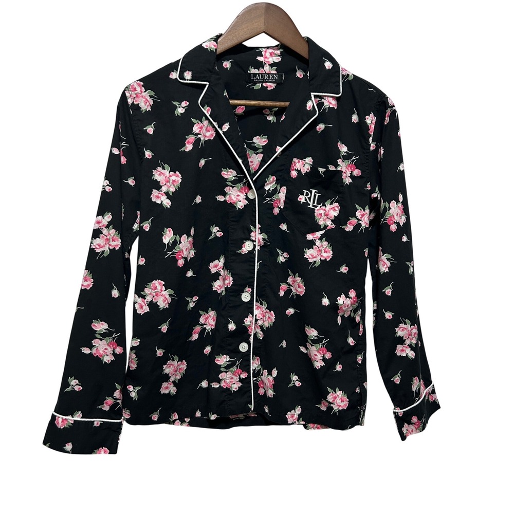 Lauren Ralph Lauren Women Pajama Top M Black Pink Floral RL Monogram Preppy